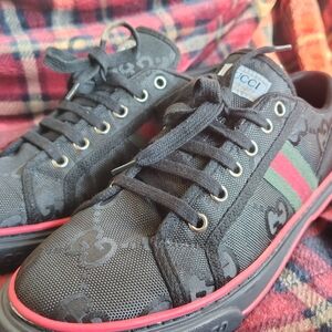 Gucci Black Canvas Shoes with Red Trim